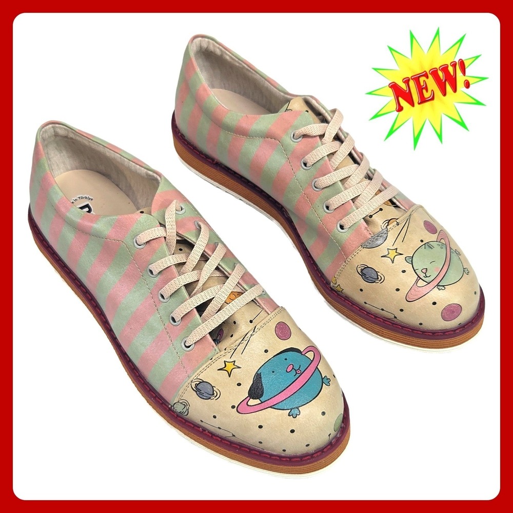 Dogo Shoes Space Cat Dog Oxford US 10 EU 41‎ Pink Green Striped Galaxy Print NWT